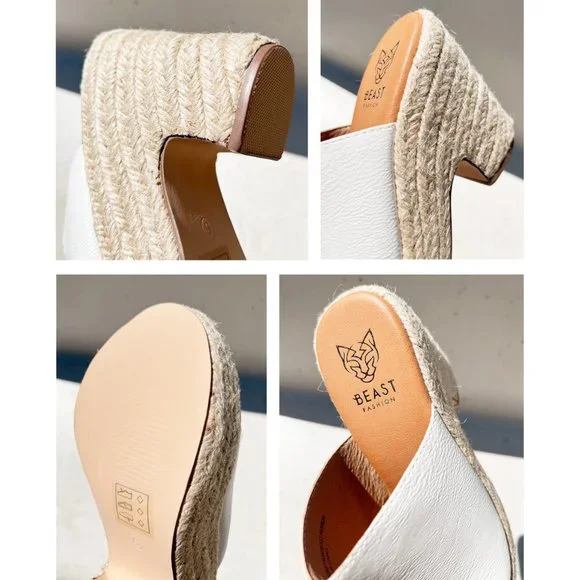 NEW White Faux Leather Espadrille Chunky Platform Wedge Slip On Slides Sandals - Picture 12 of 15